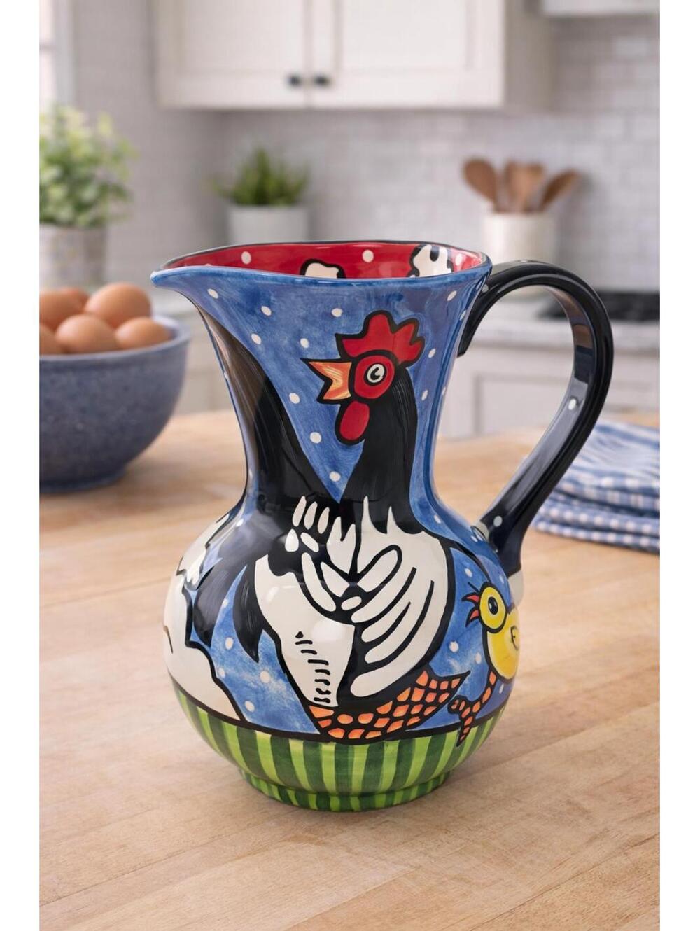 Vintage Nicole Engblom Rooster Chick Hand Painted Pitcher Folk Art 9” Ceramic